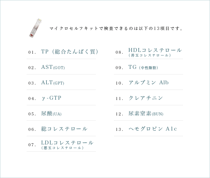 マイクロセルフキットで検査できるのは以下の13項目です。